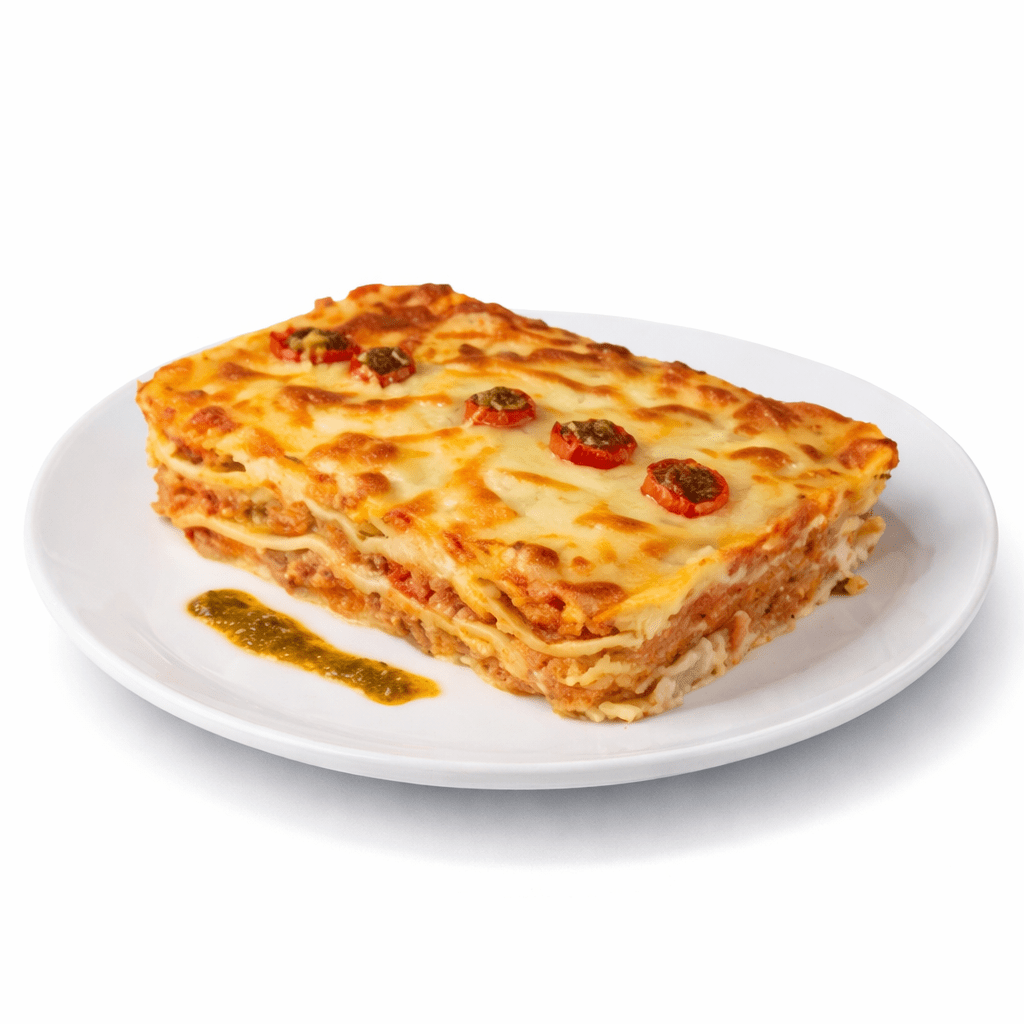 Homemade basil meat lasagna with lean ground beef, mozzarella and Parmesan cheese by Casera Healthy Food